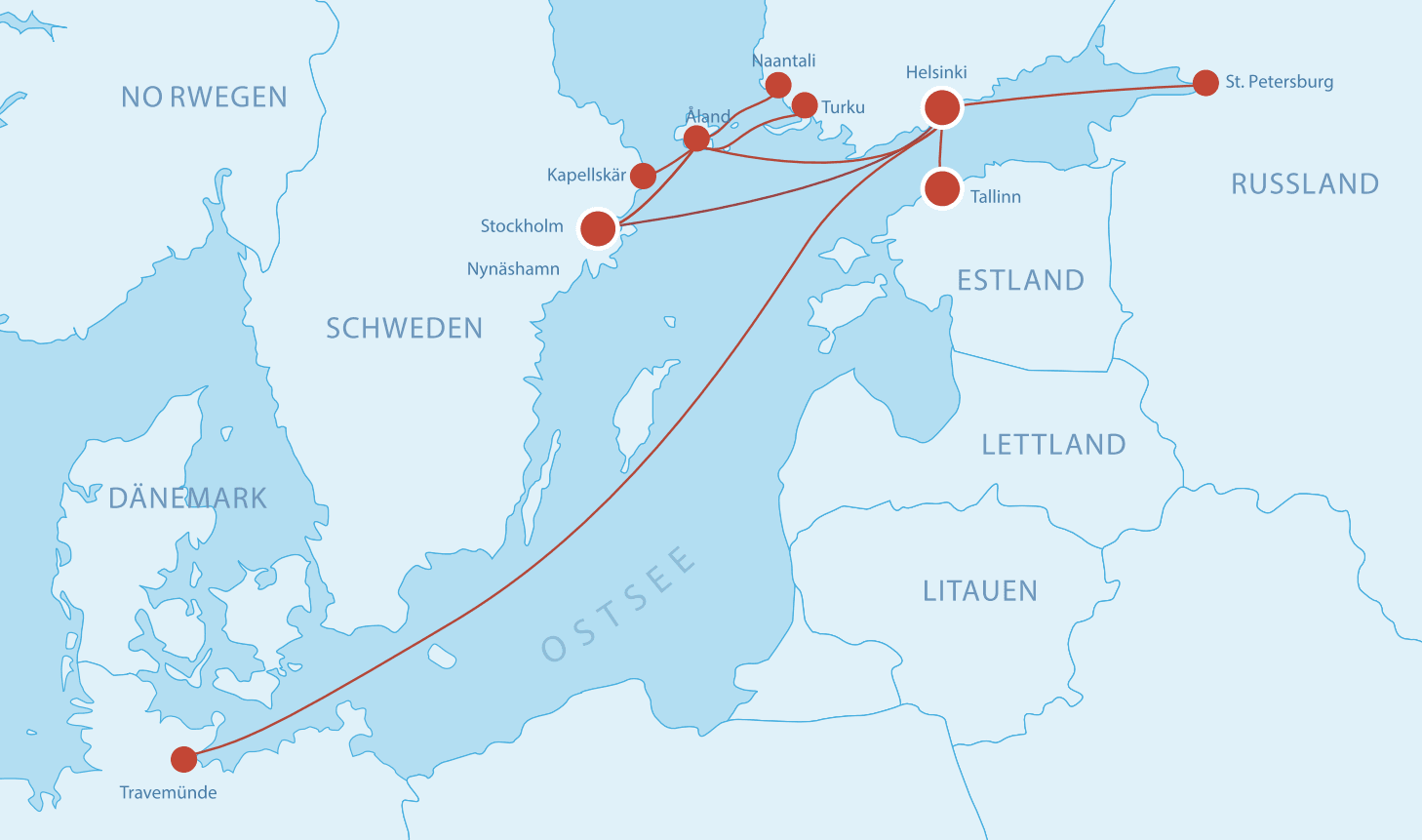 Karte mit allen Fährverbindungen nach Finnland.
