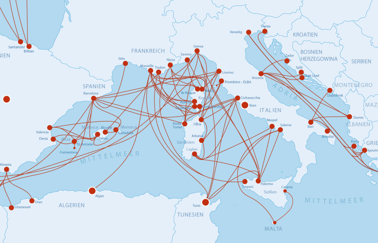 Fähren, Fährverbindungen Südeuropa Mittelmeer Karte