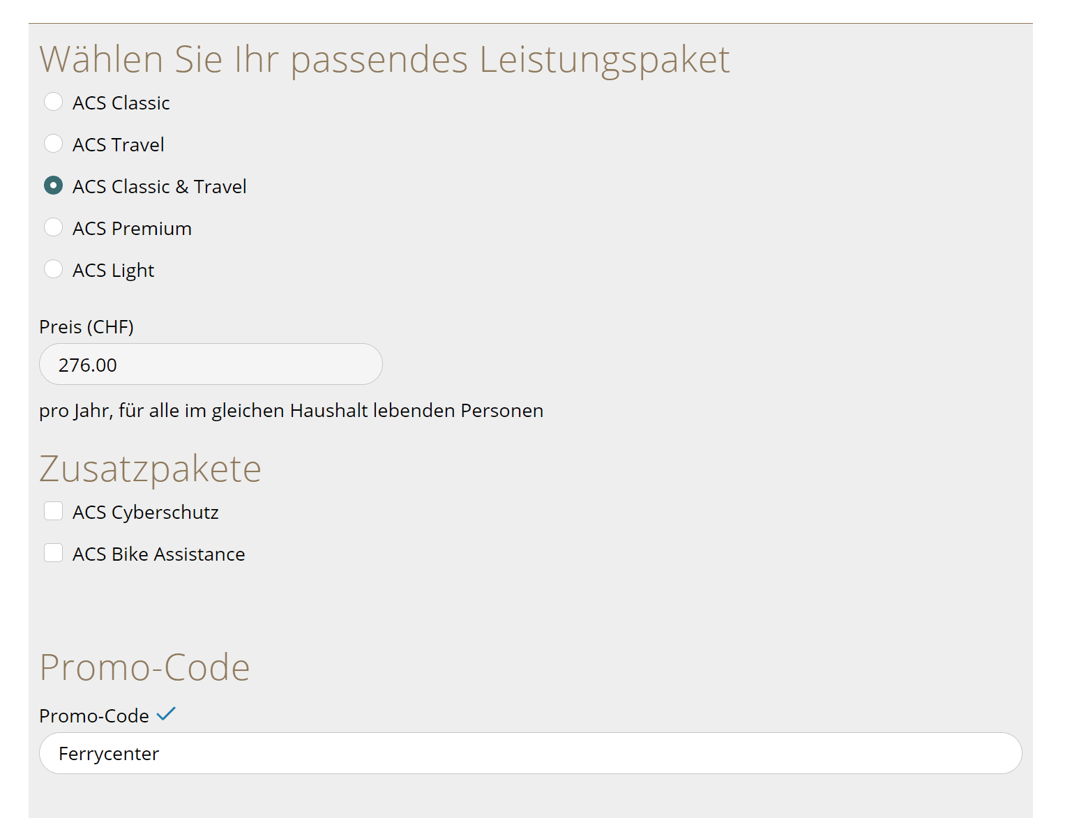 Promocode ferrycenter auf der ACS Seite